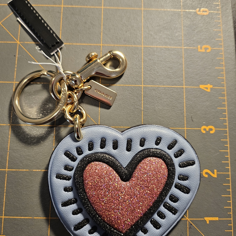 Coach X Keith Haring Blue Heart Keychain with Pink Glitter - Picture 4 of 5